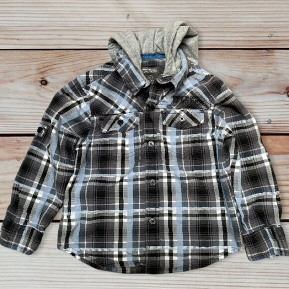 Kenneth Cole Reaction Boys Long Sleeve Shirt size 3T with hoodie, Rolled Sleeves - Picture 1 of 7